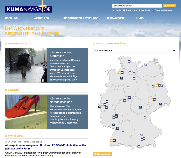 Screenshot Klimanavigator Startseite 