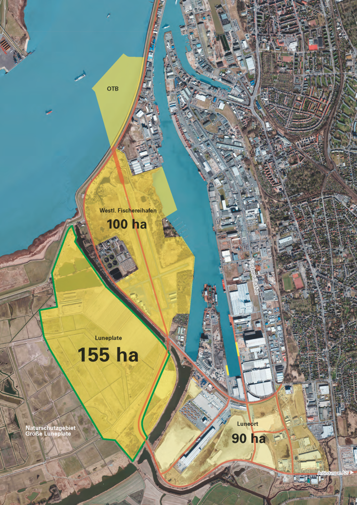 Grafisch in Stadtkarte eingefügt: nachhaltig ausgerichtetes Gewerbegebiet auf einer Teilfläche der Luneplate in Bremerhaven.