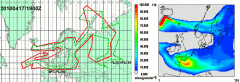 Simulation der Vulkanasche-Konzentration zwischen ca. 2000 und 7000 Metern Höhe am 17. April 2010 (rechts). Links zum Vergleich die vom Volcanic Ash Centre vorhergesagte Ausbreitung (rote Linie).