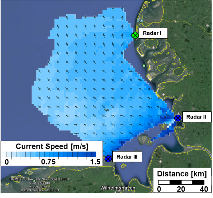Von HF-Radarmessungen abgeleitetes Strömungsfeld am 5. Januar 2014 um 4:19 Uhr (UTC) in der Deutschen Bucht. -Bild: Hereon-