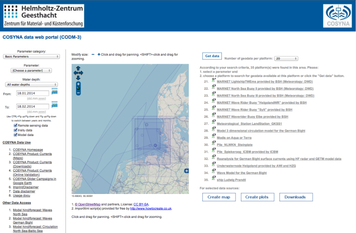 In the COSYNA data portal all routine data that are measured in COSYNA can be selected and displayed in combination with remote sensing and radar data. -image: screenshot from codm.hzg.de / Hereon-