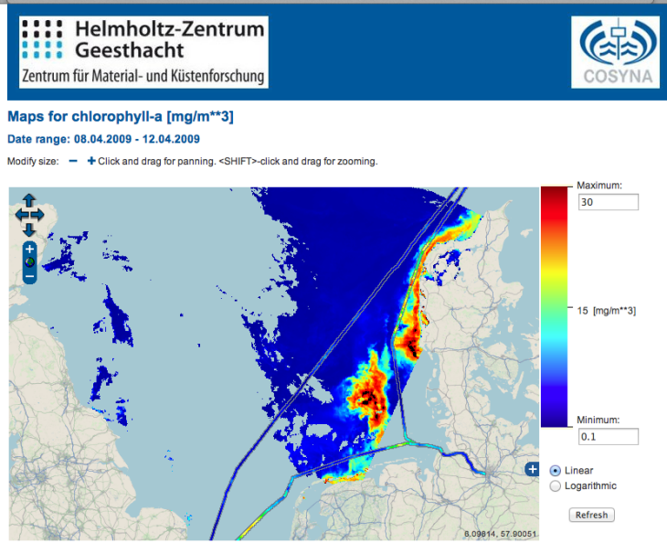 The example depicts a combination of FerryBox data and MERIS data for chlorophyll. -image: screenshot from codm.hzg.de / Hereon-
