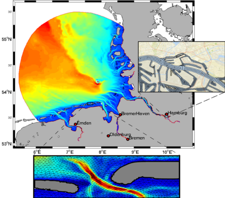 Sample salinity distribution and mesh resolution in SCHISM (Semi-implicit Cross-scale Hydroscience Integrated System Model). -image: Hereon-
