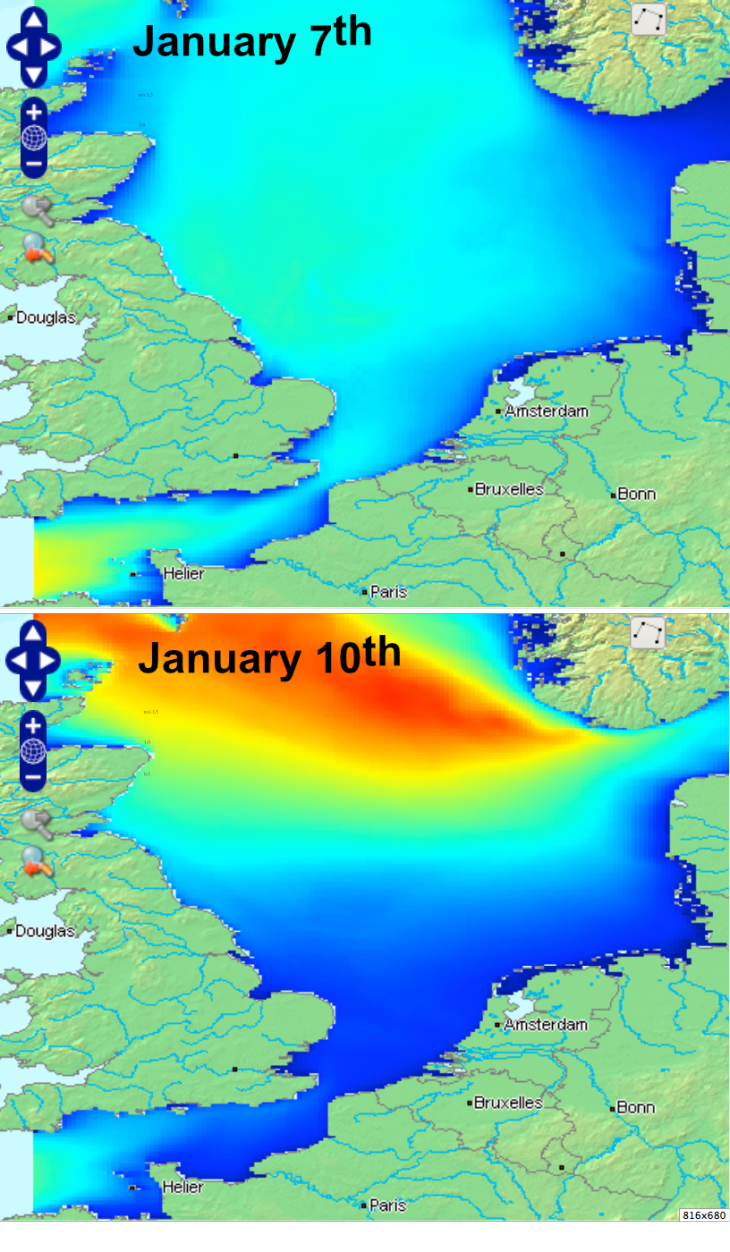 COSYNA Product: Waves, snapshots (forecasts) from 7 January and 10 January 2018. -image: data from COSYNA data portal / Hereon-