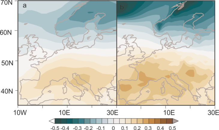 Surface temperature deviations in European summer months with regard to the average in the area.