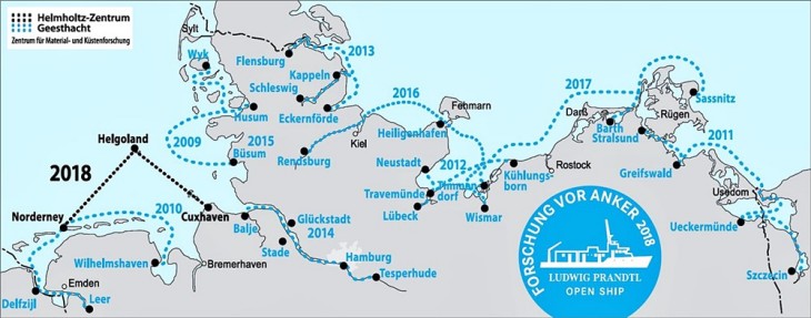 Karte Forschung vor Anker: Die drei Anlaufstellen der PRANDTL: Norderney, Helgoland und Cuxhaven. 
