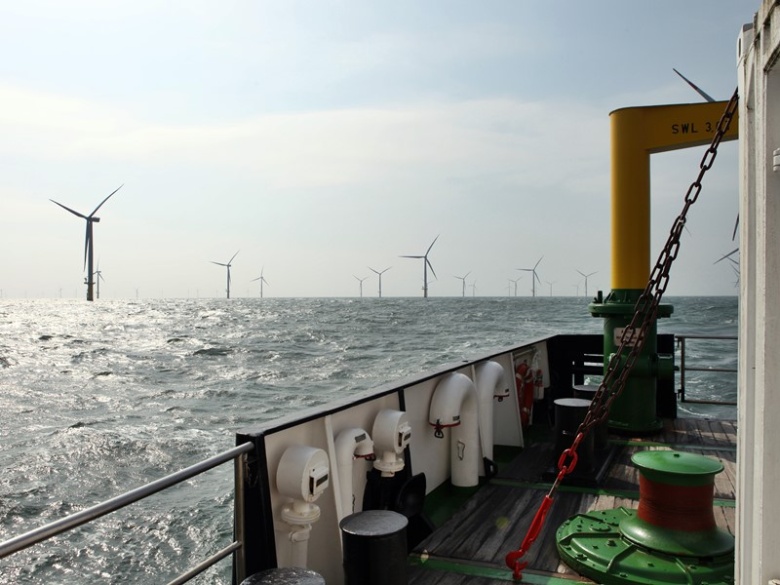 By ship in the offshore wind farm 