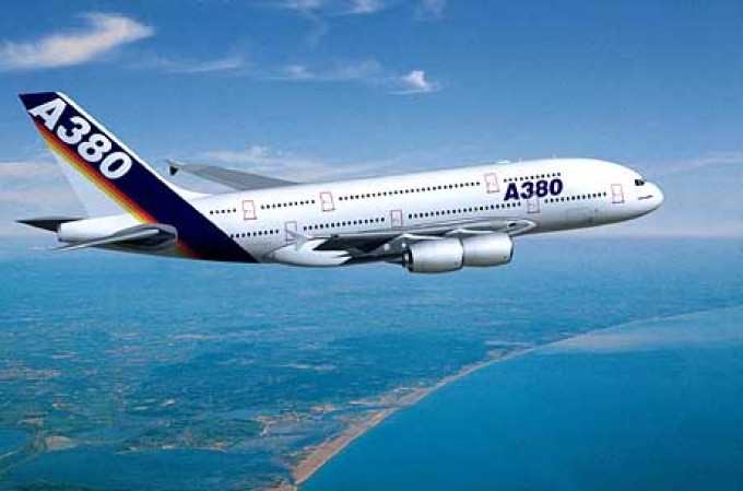Aircraft A380 over the sea