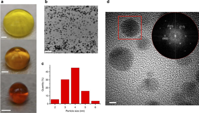 (a) Goldsalze wurden in einem schwebenden Wassertropfen ohne weitere Zusätze in Gold-Nanopartikeln umgewandelt. Der Tropfen schrumpft langsam von einer gelben Platte zu einem roten sphärischen Tröpfchen zusammen. Maßstab 2 mm. (b) Hellfeld-Transmissionselektronenmiskroskop-Aufnahme der Au-Nanopartikeln, Maßstab 20 nm und (c) Größenverteilung der Partikeln (d) Hochauflösender Mikrograph durch Transmissionselektronenmikroskopie 