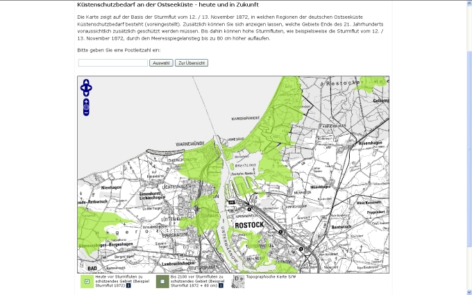 Screenshot der Webseite "Küstenschutzbedarf.de" am Beispiel Rostock.
