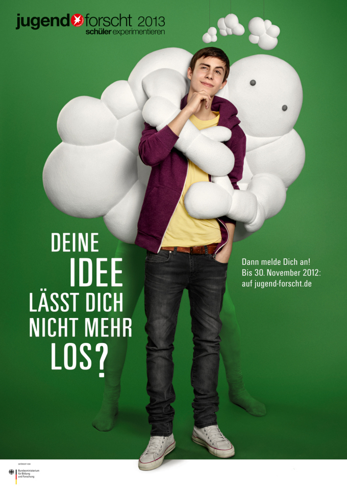 Plakat Jugend forscht 2013. Deine idee lässt dich nicht mehr los? dann melde dich an. Bis 30. November 2012 auf jugendforscht.de