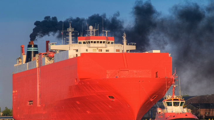 Frachtschiff mit starken Emissionen aus dem Schiffsschlot