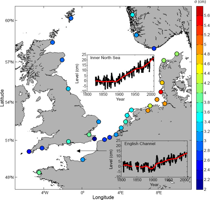 Change in sea level at selected measuring stations in the North Sea region. 